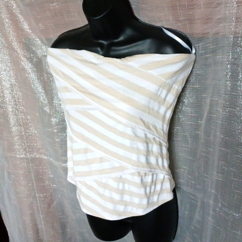 White House Black Market tan/white striped top L, convertible straps included